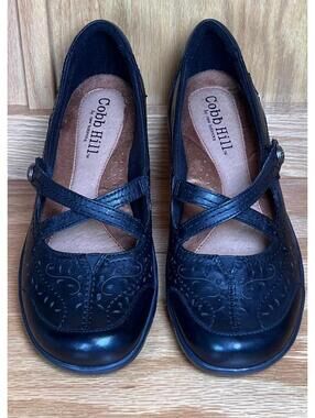 Cobb Hill Black Leather Mary Jane Flats with Embossed Design